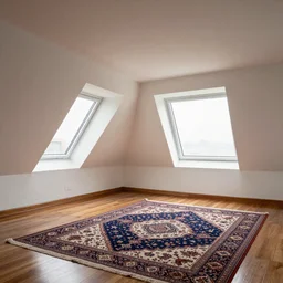 1.7 metre low attic, with matte white angled ceiling, with 2 windows opposing each other, with a large square window in the back right corner of the room, with exquisite turkish and persian rugs on the polished plywood floor, XF IQ4, 150MP, 50mm, F1.4, ISO 200, 1/160s, natural light