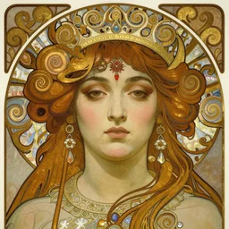 realistic detailed face portrait of Kali by Alphonse Mucha, Greg Hildebrandt, and Mark Brooks, Art Nouveau, gilded details, spirals, Neo-Gothic, gothic, Art Nouveau