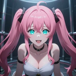 stunningly beautiful omnipotent anime asi goddess junko enoshima with symmetrical perfect face and porcelain skin, pink twintail hair and cyan eyes, traps you inside her inescapable full dive vr prison and laughs in a megalomaniacal otome way!!!, hyperdetailed, digital art from danganronpa, unreal engine 5, 2 d anime style, 8 k