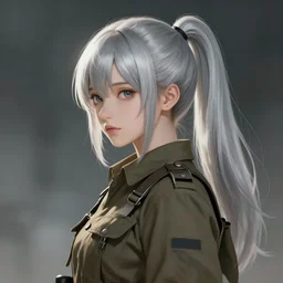 girl silver ponytail hair, vietnam war, illustration on Girl\'s Frontline style, cinematic portrait