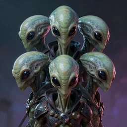 a hyper real comic book style portait painting of an alien with 5 eyes and three heads, unreal 5, hyperrealistic, octane render, cosplay, rpg portrait, dynamic lighting