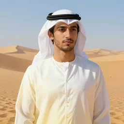 full figure arab young man, luminous scene, by greg rutkowski and alphonse mucha, d & d character, gradient white to gold, in front of a dune desert background, highly detailed portrait, digital painting, artstation, concept art, smooth, sharp focus illustration, artstation hq