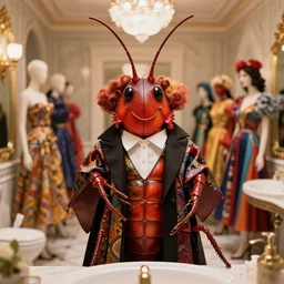 a big cockroach being the jury of a fashion show inside a bathroom, with jury wig, bokeh, colourful fabrics, cockroaches modelling, inside the grand budapest hotel, five star fashion show, trending in fashion magazines.
