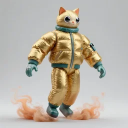 a single striding slender figurine of a tall giant inflated space man wearing over sized gold teal puffy bomber jacket, long bendy arms and legs, googly eyes, tareme eyes, cat head, personification, dynamic pose, detailed product photo, tone mapped, beautiful composition, orange mist swirling at feet, 8 5 mm, f 5. 8