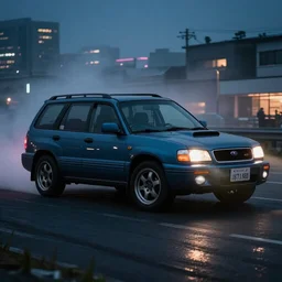 1990s subaru forester drift at illegal car meet, Chiba prefecture, city midnight mist lights, cinematic lighting, photorealistic, highly detailed wheels