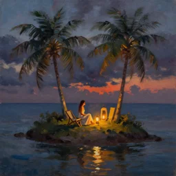 a very very small island! beautiful woman!! and lanterns!!!, chairs, fireplace, palm trees, dark very late evening cloudy sunset, dramatic and dynamic lighting, thick brush strokes oil impasto painting