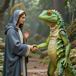 A lizard person shaking hands with a religious icon