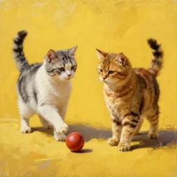 고양이 두 마리 주황색 배경에서 탁구를 친다, oil painting