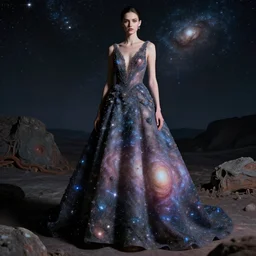 galaxy dress, fashion photography, beautiful detailed and textured fabric, spacepunk