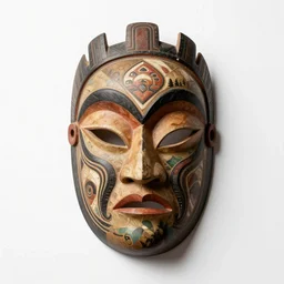 hand-painted tribal mask, studio product photography, isolated on a pure white background, centered, entire object in frame, sharp focus, soft studio lighting