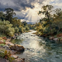 A piece of peace by a river creek, watercolor, detailed
