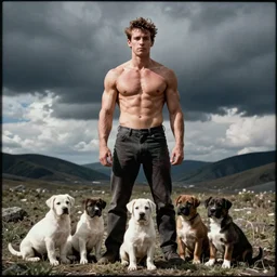 35mm photo of Thom Yorke with massive muscles posing for some puppies, full body view