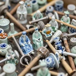 a pile of colored porcelain statuettes of various tools, amazing craftsmanship, tilt shift, Tamron SP 90mm F/2.8 Di VC USD Macro