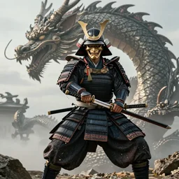 a godlike and indomitable helmeted and masked samurai posing with their realistic detailed katana and wakizashi under an enormous dragon. Giant dragon coming up in background. Badass pose. Photo realistic. Gregory Crewdson. Award winning. Masterpiece, exquisite detail, post processing
