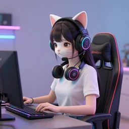 a 3 d render of a cat headed girl wearing a gaming headset