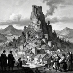 looming towering crooked ancient town, artstation, artgem, by frank frazetta, by peter bruegel the elder, by takato yamamoto, rolling hills, river, townscape, black and white