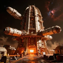 a warm colours, high contrast hyperreal deep space dock mining platform with massive piping inspired by nuclear reactor core, peter elson, millennium falcon space - station vuutun palaa submarine, ilm, beeple, star citizen halo, mass effect, starship troopers, elysium, the expanse, iron smelting pits, high tech industrial, dramatic nebula sky, volumetric lighting
