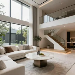 A modern living room with a beautiful white marble table between 2 white sofas on the left side of the living room there is a floor to ceiling glass window while on the right side of the living room there are wooden stairs that lead to the second floor, 8k resolution, professional interior design photograph
