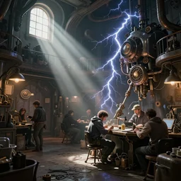 a busy underground steampunk workshop, light shafts coming through windows, volumetric lightning, concept art, steampunk, fantasy, mechanical