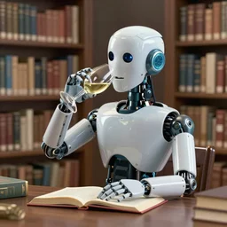 a robot librarian drinking wine, very detailed