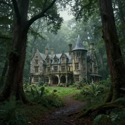 Artwork by Tim White of the cinematic view of The Wood of Mirage, a Forest, with a mucid manor.