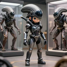 cute girl wearing full body battle suit inspired by movie xenomorph giger alien in showroom