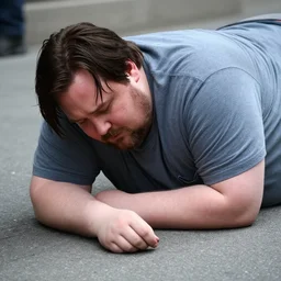 fat keanu reeves very sad on the pavement, real photograph on the street, close up shoulder height shot