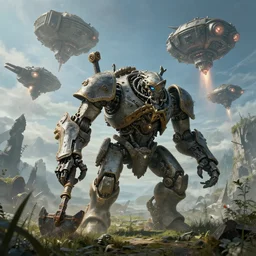 highly detailed elden ring portrait photo of a giant harvesting robotic golurk in a scenic dystopian environment. a fleet of even bigger massive spacecrafts lift off in the background, starting engines nitro jet drive, hyperrealistic illustration by william didier - pouget