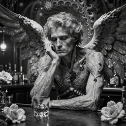 a black and white of a beautiful deeply wistful grown male gray - haired angel with big wings sitting alone in the old bar with one glass of whiskey, 1 5 0 mm, flowers, mandelbrot fractal, anatomical, flesh, facial muscles, wires, microchip, veins, arteries, full frame, microscopic, highly detailed, flesh ornate, elegant, high fashion, rim light, octane render in the style of h. r. giger and man ray
