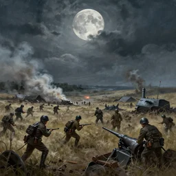 a world war 1 battleground under a full moon, digital painting, mixed media, trending on artstation and deviantart, epic composition, highly detailed, 8 k