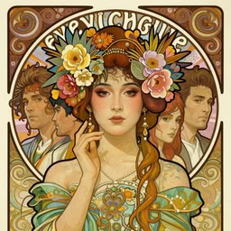 face portrait of a beautiful mysterious burmese fairy with flowery headgear, by eve ventrue, michael carson, andreas rochas, john watkiss, casey weldon, artgerm. art nouveau. tarot card by mucha. gloomhaven. swirly intricate linework background. gaudy colors, sharp edges. octane render