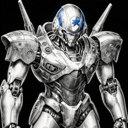 a huge robot with the puerto rican flag etched onto it's helmet, by hayao myazaki, by lee man fong, graphic novel, visual novel, graphite, fountain pen, digital art, comic book, field of view, tones of black in background, oled, insanely detailed and intricate, hypermaximalist, elegant, ornate, hyper realistic, super detailed