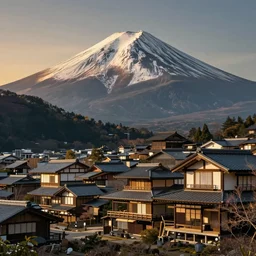 a traditional japanese style artwork of an old japanese village and landscape with mount fuji in the background