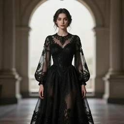 hight focus of a wonderful realistic focused sweet wonderful symmetrical centered mid portrait of a lonely woman with a detailed wonderful, majestic, large semi transparent black ornate cotton dress, dramatic light, octane render, - 8 k