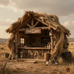 “a rustic tavern built inside of a giant tumbleweed, fantasy, D&D art, warm lighting, hyper detailed, landscape.”
