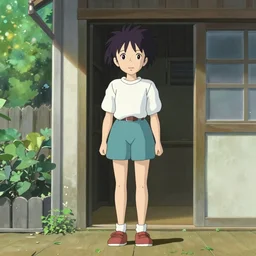 The girl is standing outside the house in full size style hayao miyazaki, anime