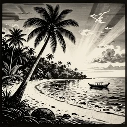 art by brian reedy, cinematic black ink linocut print of a tropical island, 8 k, frostbite 3 engine, cryengine, dof, trending on artstation, digital art, crepuscular ray
