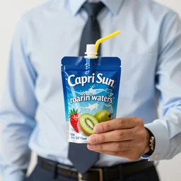 a photo of a business man holding a capri sun, capri sun roarin'waters strawberry kiwi surf flavor, punch pouch with yellow straw