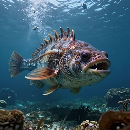 underwater enviroment with a Melanocetus johnsonii boss creature , unreal 5, hyperrealistic, realistic, photorealistic, dynamic lighting, highly detailed, cinematic landscape, studio landscape, studio lighting