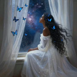 a beautiful young contemplative black woman with butterflies!! in her long flowing hair in a flowing white starry gown, looking out a window to see a sparkling nebula through gauzy curtains, blue butterflies made of constellations, highly detailed painting by gaston bussiere, craig mullins, j. c. leyendecker 8 k