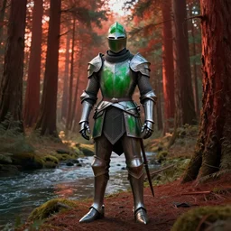 The Green Knight standing in a redwood forest near a river at sunset, anatomically correct, hyperrealistic, nature aesthetic, concept art, octane render, unreal engine 5, trending on Artstation, high quality, 8K, highly detailed, symmetrical, five fingers, path tracing, soft lighting
