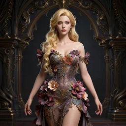 beautiful blonde lady in flower dress, hyperrealistic, ultra detailed, octane render, symmetric, 3d, majestic, dark fantasy, intricate