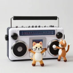 Product image of a crochet boombox with cats dancing. High resolution