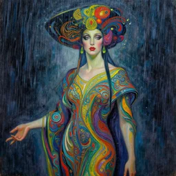 8 0 s art deco portait of miss of the world, rain like a dream, oil painting, curvalinear clothing, cinematic, dramatic, cyberpunk, textural, fluid lines, psychedelic, otherworldly, weird, vaporwave, interesting details, fantasy lut, epic composition, basquiat zdzisław beksinski james jean artgerm rutkowski moebius francis bacon gustav klimt