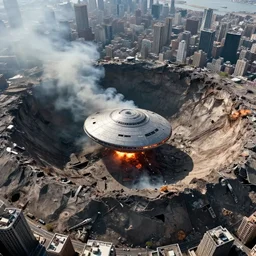 aerial photo of a mile-wide crash crater the middle of New York City, enormous destroyed crashed alien flying saucer UFO mothership in the center of the crater, flames coming from the cashed destroyed huge spaceship, smoke emanating from the crater