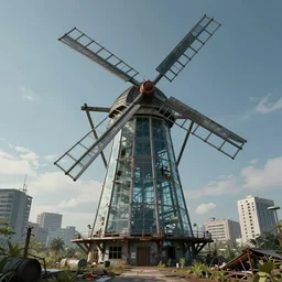 a beautiful ultradetailed rendering of windmill architecture abandoned industrial architecture nature city by carlo stanga, magic realism made of glass fantasy darkacademia cyberpunk, archdaily, wallpaper, highly detailed, trending on artstation.