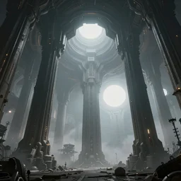 the depths of a matrioshka world, large pillars holding up an artificial ceiling, giger inspired architecture, rigid artificial brutalism, misty environment, ominous white diffuse orbs of light, alan bean influences
