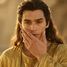 a beautiful closeup shot from a fantasy film of a man wearing a golden robe touching his face with a hand. the character has one hand against his face. portrait. golden hour. rim lighting. joseph ducreux, greg rutkowski.