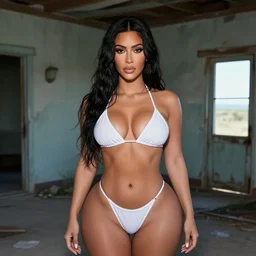 Kim kardashian wearing a tight bikini, derelict house, cctv footage, cute pose, horror, photorealistic