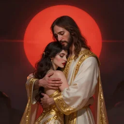 jesus hugging a woman from behind, spirit hugs, gold trim, atmoshperic, elegant, sharp focus, red sun, huge lips, poses by satine zillah, environment by hw 6 5 2 3, art by ilya ozornin, artstation, intricate details, concept art